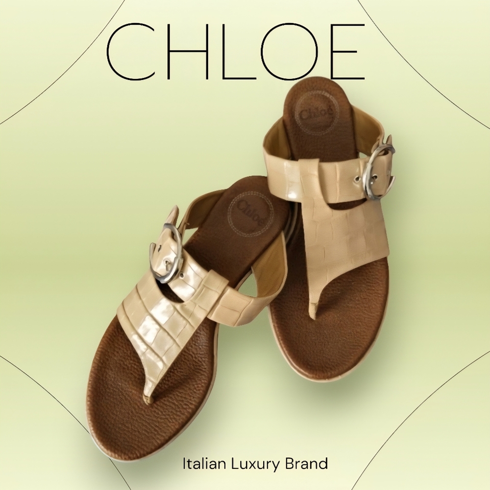 Chloe (MSRP-$795) Croc-Embossed Leather Thong Sandals In Nougat Color